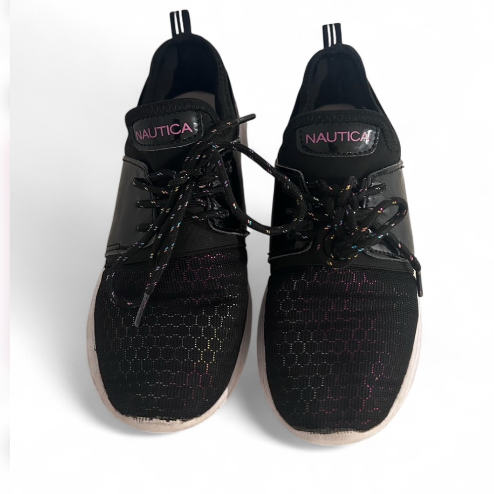 Nautica Girls Sz 3 Kappil Metallic Black Cross Trainer Lace Up Running Sneaker